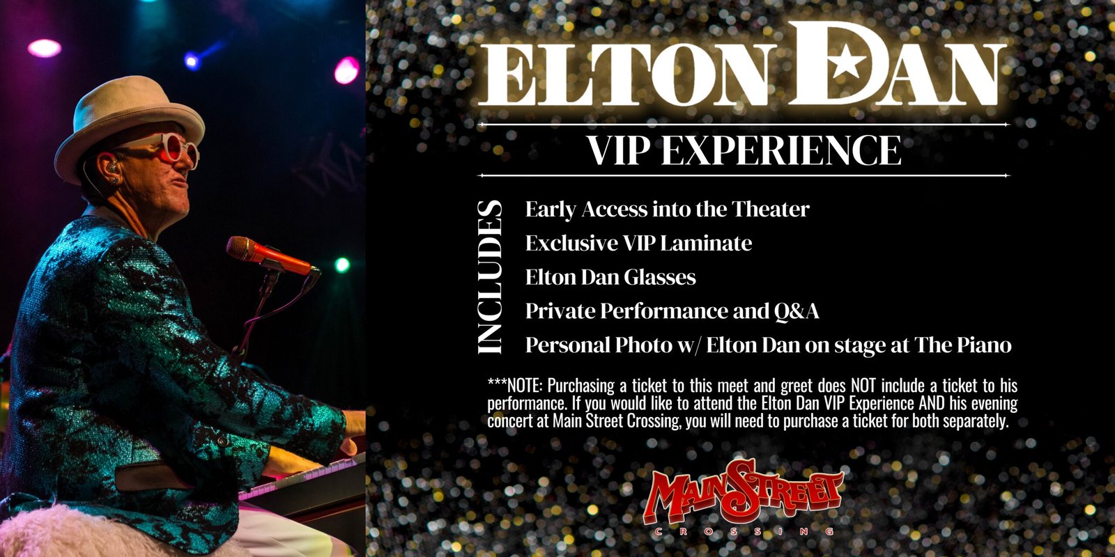 A shot of Elton Dan and the Rocket band on stage with the crowd in the foreground. White lights are shining beams of light in all directions from the stage.