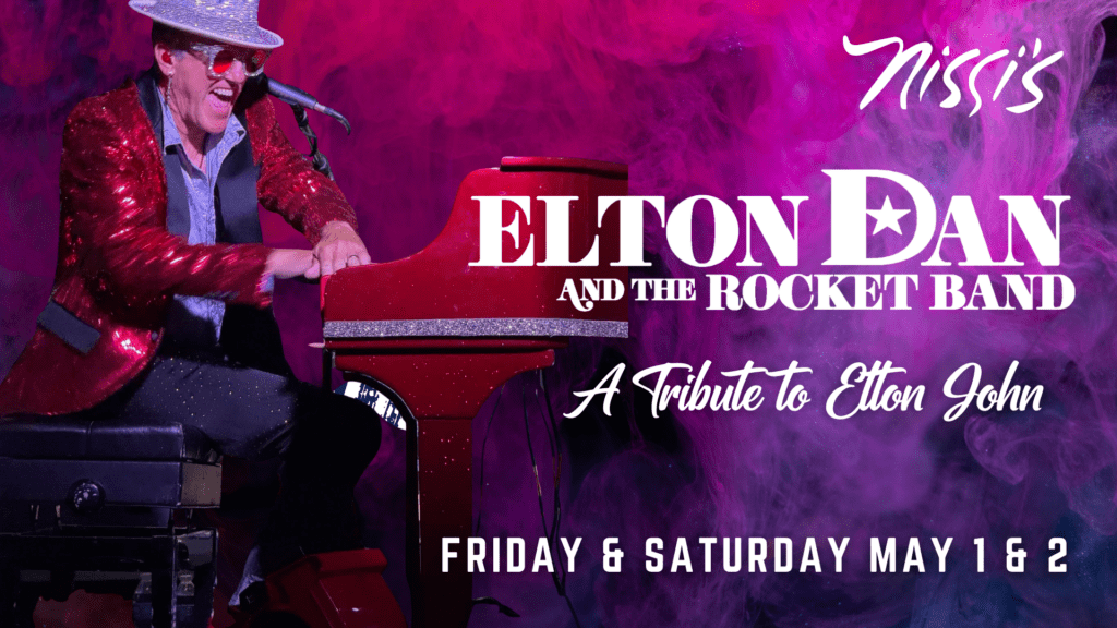 A photo of Elton Dan, an Elton John tribute artist, with information about his performance at Nissi's in Lafayette, Colorado.
