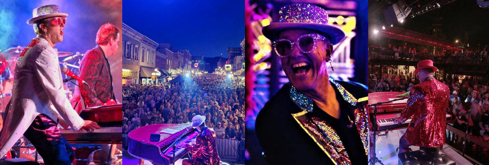 A row of 4 images of Elton Dan performing at his piano in front of large crowds.